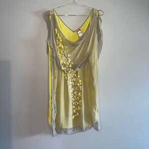 Yoana Baraschi Silk Embellished Gray/Yellow Chiffon Sleeveless Mini Dress | SZ L